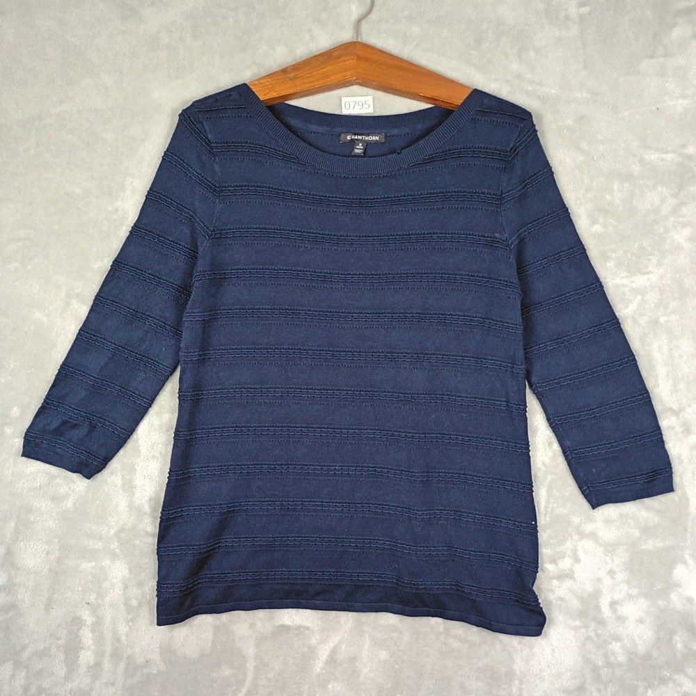 41 Hawthorn Sweater Womens XL Petite Navy Blue Textured Stripe 3/4 Sleeve Work